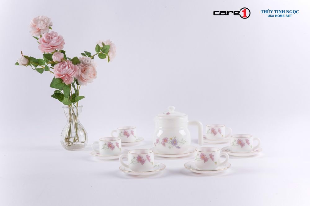 Bộ trà 14 sản phẩm họa tiết Hoa hồng dáng bầu