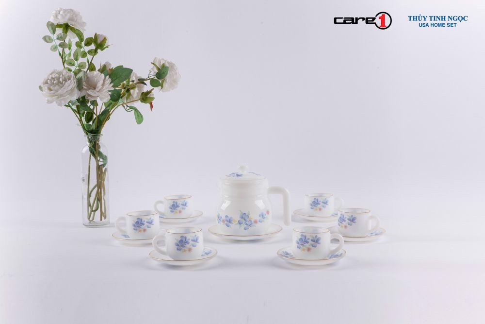 Bộ trà 14 sản phẩm họa tiết Hoa xanh dáng bầu